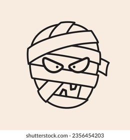 Mummy face with bandages, eyes and open mouth outline iconic vector line art