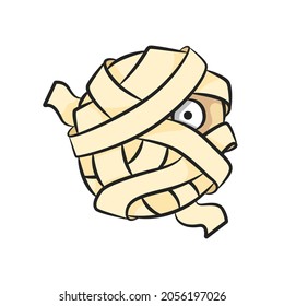 Mummy face in drawing style isolated vector. Halloween cartoon on white background.