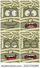 Mummy Face Expression Character Cartoon. Hopeful, Disbelieving, High And  Sleepy Expression. Wallpaper, Cover, Label and Packaging Design Set. Vector Illustration