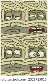 Caricatura De Caracteres De Expresión Mummy Face. Aburrido, Sospechoso, Celoso Y Feliz Expresión. Papel de escritorio, cubierta, etiqueta y conjunto de diseño de empaque. Ilustración vectorial