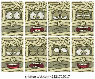 Mummy Face Expression Character Cartoon Set. Wallpaper, Cover, Label and Packaging Design. Vector Illustration
