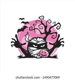 Mummy Face Halloween Pink Moon Vector