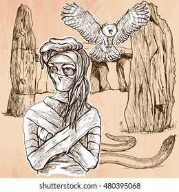 MUMMY. An mummy, flying owl and snake in front of stone menhir and dolmen. Freehand sketching, line drawing. An hand drawn vector illustration. Line art technique.