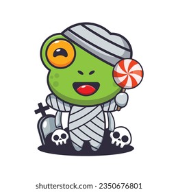 Mummy frog holding halloween candy. 
