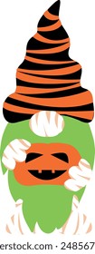 Mummy gnome with pumpkin. Halloween gnome vector illustration.