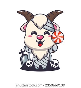 Mummy goat holding halloween candy. 