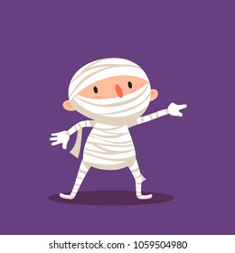 Mummy Halloween Child in mummy costume Trick or treat Element from collection of emotional characters for festive or advertising design Isolated vector illustration