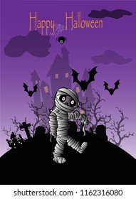 Mummy Halloween night in graveyard with bats and graves and abundant purple sky contractors for use as a poster at the festival Halloween.