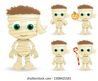 Mummy halloween vector characters set. Mummys character creature wearing halloween costume in paper bandage standing while holding pumpkin lantern and stick isolated in white background. Vector illust