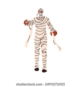 Mummy, Halloween zombie costume. Scary Helloween character disguised in bandages, walking. Creepy spooky haunted man, October party masquerade. Flat vector illustration isolated on white background