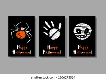 Mummy, handprint and spider. Set of Halloween greetings cards. Three vector illustrations.