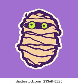 Mummy head in cartoon style on purple background for print and design. Vector illustration.