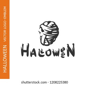 Mummy head logo - emblem design on white background, halloween vector illustration