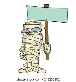 a mummy holding a blank sign