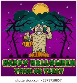 Mummy Holding Candy. Happy Halloween. Trick or Treat. Greeting Card, Invitation and Poster. Vectors and Illustrations.