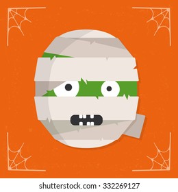 Mummy icon. Cartoon angry mummy monster character head. Halloween illustration isolated on stylized orange background. Vector illustration