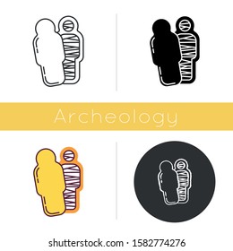 Mummy icon. Pharaoh in sarcophagus. Dead body in coffin. Bandaged corpse. Religion and mythology. Ancient egyptian culture. Flat design, linear and color styles. Isolated vector illustrations