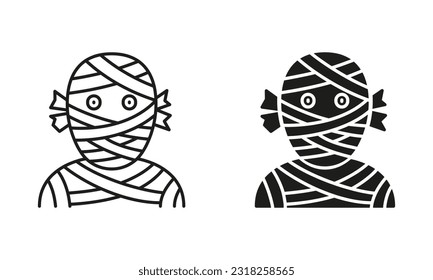 Mummy Line und Silhouette Black Icon Set. Funny Halloween Party-Kostüm. Spooky Untot in Bandage. Schreckliches Monster in der Symbolsammlung für Wrap. Einzelne Vektorgrafik.