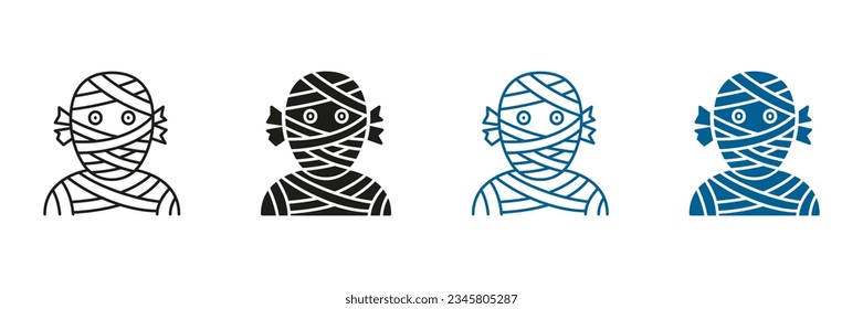 Mummy Line und Silhouette Icon Set. Spooky Untot in Bandage. Schreckliches Monster in der Kollektion Schwarzes und Farbsymbol. Funny Halloween Party-Kostüm. Einzelne Vektorgrafik.