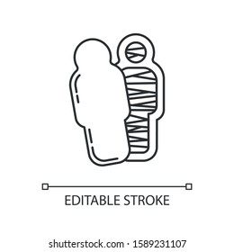 Mummy linear icon. Pharaoh in sarcophagus. Dead body in coffin. Bandaged corpse. Ancient egyptian culture. Thin line illustration. Contour symbol. Vector isolated outline drawing. Editable stroke