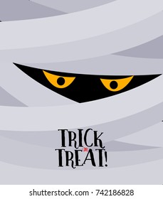 Mummy with orange eye. Trick or treat lettering, Happy Halloween day. Vector illustration, design for invitation, greeting card, poster, banner.