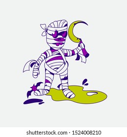 mummy for a party, banner, print on clothes or a poster. Halloween, the night of all saints
Mummy with a sickle and a bat
