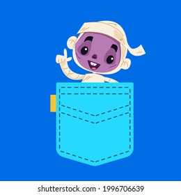 The mummy peeks out of a blue pocket and waves a hand. Halloween monster in your pocket. Vector illustration in cartoon childish style. Isolated funny clipart on a blue background. Cute print for boy 