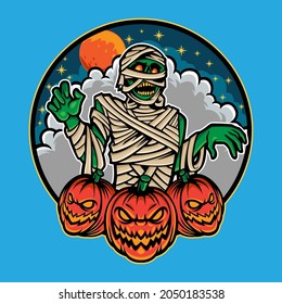 mummy and pumpkin halloween badge design vector