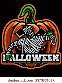 Mummy and pumpkin mascot logo for halloween celebration isolated on dark background