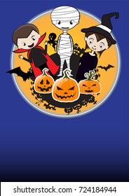 Mummy pumpkin Vampire Witch cartoon Poster, Flat banner or background for Halloween Party Night.