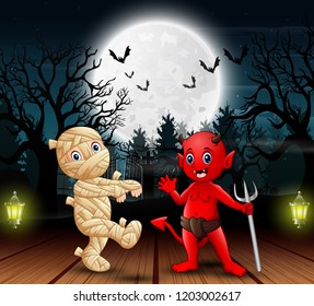 Mummy and red devil outdoors in the night