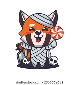 Mummy red panda holding halloween candy. Cute halloween cartoon illustration. 