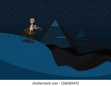 mummy ride a camel in pyramids scene vector illustration 