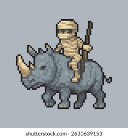 Mummy riding rhinoceros character in pixel art style with isolated background