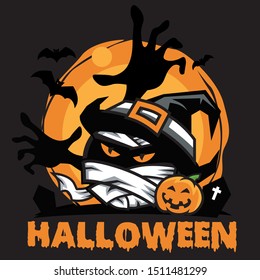 Mummy Rising from the Tomb, Around by Halloween Pumpkin and Black Bats at Dark Night