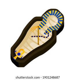 Mummy in sarcophagus. Body of Pharaoh. Egyptian king. Archaeology and Halloween monster. Golden scepter and symbol of immortality. Flat cartoon illustration