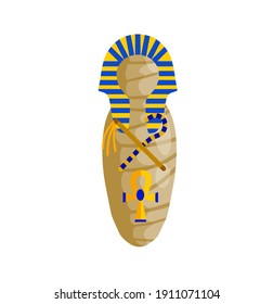 Mummy in sarcophagus. Body of Pharaoh. Egyptian king. Archaeology and Halloween monster. Golden scepter and symbol of immortality. Flat cartoon illustration