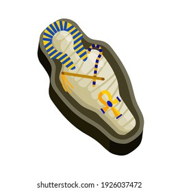 Mummy in sarcophagus. Body of Pharaoh. Egyptian king. Archaeology and Halloween monster. Flat cartoon illustration. Golden scepter and symbol of immortality