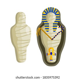 Mummy in sarcophagus. Body of Pharaoh. Golden scepter and symbol of immortality. Flat cartoon illustration. Egyptian king. Archaeology and Halloween monster