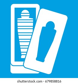 Mummy in sarcophagus icon white isolated on blue background vector illustration