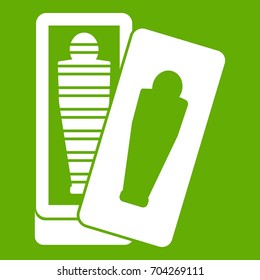 Mummy in sarcophagus icon white isolated on green background. Vector illustration