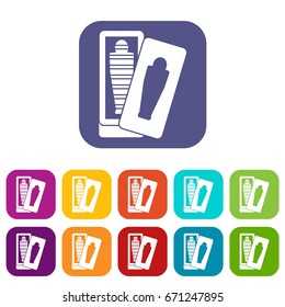 Mummy in sarcophagus icons set vector illustration in flat style In colors red, blue, green and other