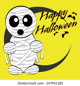 mummy scaring, on a yellow background with flying bats and witch-day text.