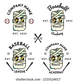 Mummy Shield For Baseball Sports Team Or E-sports. Mummy Shield With Balls And Baseball Bat For Sports Leagues, Academies, Colleges And Schools. Logo For Baseball Sports Team Or For E-sports.