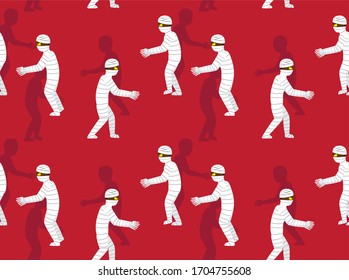 Mummy Side Walking Halloween Character Vector Seamless Background Wallpaper