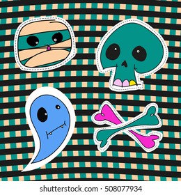 The mummy, skull, cross bones and a ghost. Stickers for Halloween