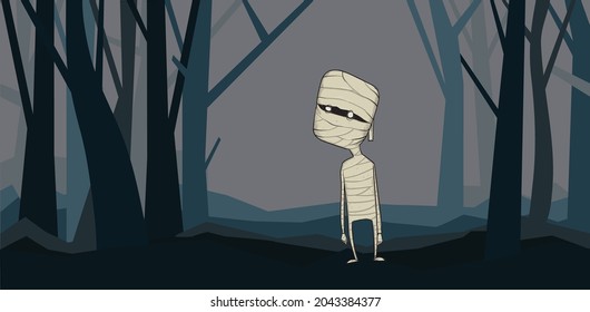 A mummy standing in the night forest. A zombie wrapped in bandages among the trees. Halloween vector illustration.