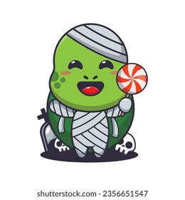 Mummy turtle holding halloween candy. Cute halloween cartoon illustration. 