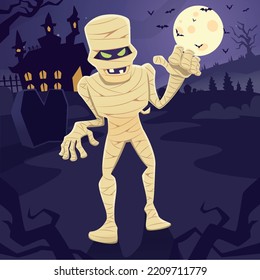 Mummy walking with halloween background
