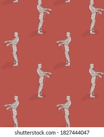 Mummy Walking Seamless Background Pattern. Zombie Creepy Dead Body, Halooween Fall Design.  Spooky Art, Repetition Cartoon Funny Illustration  In Vector